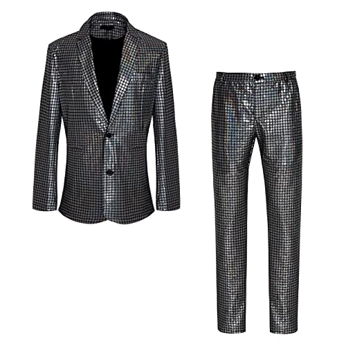 CARUHIF Herren Metallic Pailletten Slim Anzug Zweiteiliges Set 70er Jahre Disco Abschlussball Outfit (M,2706BK von CARUHIF