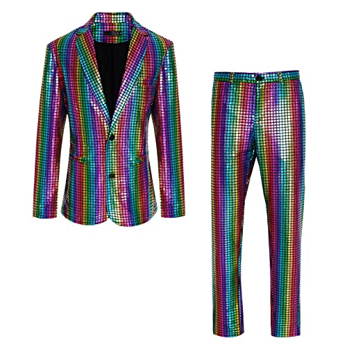 CARUHIF Herren Metallic Pailletten Slim Anzug Zweiteiliges Set 70er Jahre Disco Abschlussball Outfit (XL,Z2707) von CARUHIF