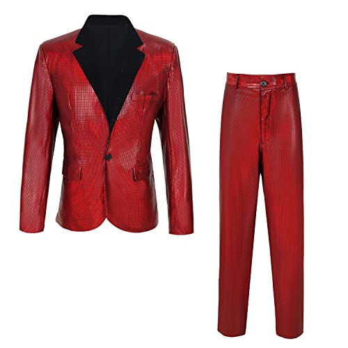 CARUHIF Herren Metallic Pailletten Slim Anzug Zweiteiliges Set 70er Jahre Disco Abschlussball Outfit (Z2981RD,4XL) von CARUHIF