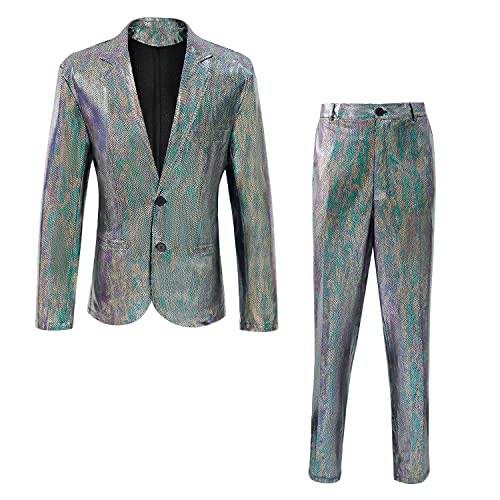 Herren Metallic Pailletten Slim Anzug Zweiteiliges Set 70er Jahre Disco Abschlussball Outfit (Z2981CS, S) von CARUHIF