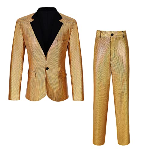 Herren Metallic Pailletten Slim Anzug Zweiteiliges Set 70er Jahre Disco Abschlussball Outfit (Z2981YE, S) von CARUHIF