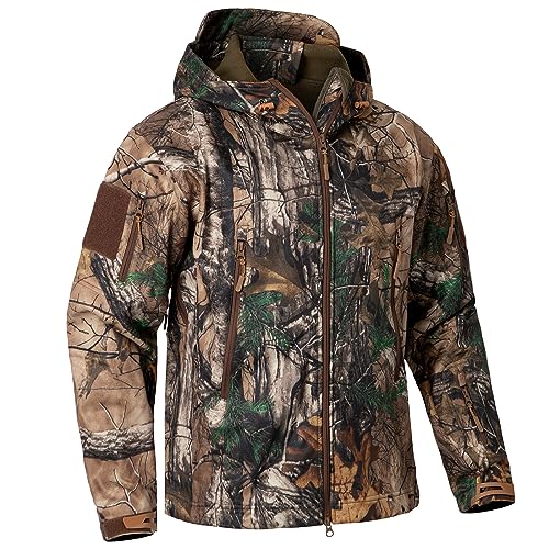 CARWORNIC Herren Camo Leise Jagdjacke Wasserdicht Softshell Fleece Gefüttert Camouflage Outdoor Wandern Angeln Mantel, Leaf Camo, L von CARWORNIC