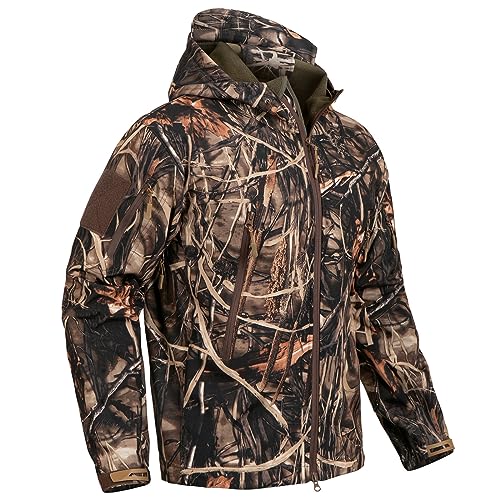 CARWORNIC Herren Camo Ruhige Jagdjacke Wasserdicht Softshell Fleece Gefüttert Camouflage Outdoor Wandern Angeln Mantel, Schilf Camo, M von CARWORNIC