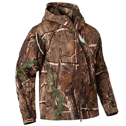 CARWORNIC Herren Camo Ruhige Jagdjacke Wasserdicht Softshell Fleece Gefüttert Camouflage Outdoor Wandern Angeln Mantel, Tree Camo Jacke, XL von CARWORNIC