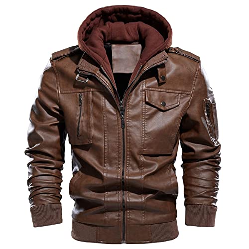 CARWORNIC Herren Lederjacke Winterjacke Motorradjacke Für Herren Schwarz Braun Warme Kunstlederjacke Bikerjacke mit Abnehmbarer Kapuze von CARWORNIC