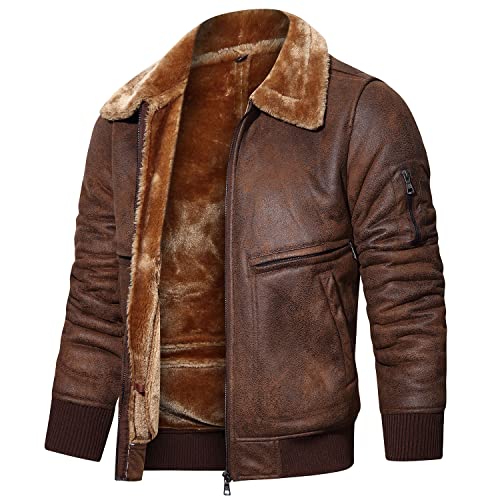 CARWORNIC Herren Kunstlederjacke Pelzkragen Pilotenjacken Winter Warm Motorrad Pelzmantel, braun, S von CARWORNIC