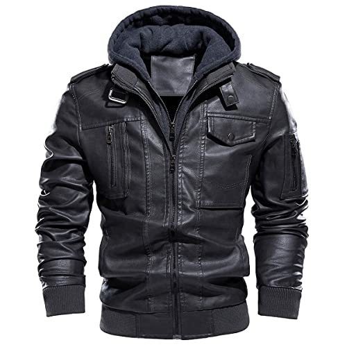 CARWORNIC Herren Lederjacke Winterjacke Motorradjacke Für Herren Schwarz Braun Warme Kunstlederjacke Bikerjacke mit Abnehmbarer Kapuze von CARWORNIC