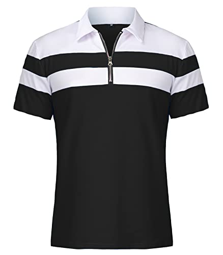 CARWORNIC Herren-Poloshirt, kurzärmelig, 1/4-Reißverschluss, schmale Passform, Patchwork, leger, Baumwolle, Arbeit, Tennis, Golf-Tops, Schwarz #2, M von CARWORNIC