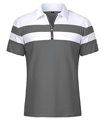 CARWORNIC Herren-Poloshirt, kurzärmelig, 1/4-Reißverschluss, schmale Passform, Patchwork, leger, Baumwolle, Arbeit, Tennis, Golf-Tops, grau, XL von CARWORNIC