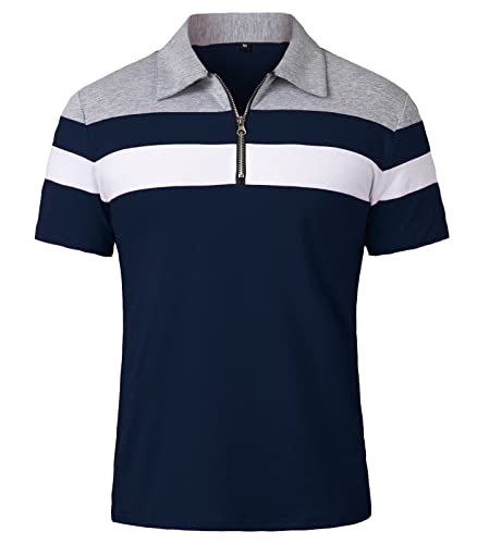 CARWORNIC Herren-Poloshirt, kurzärmelig, 1/4-Reißverschluss, schmale Passform, Patchwork, leger, Baumwolle, Arbeit, Tennis, Golf-Tops, marineblau, XL von CARWORNIC