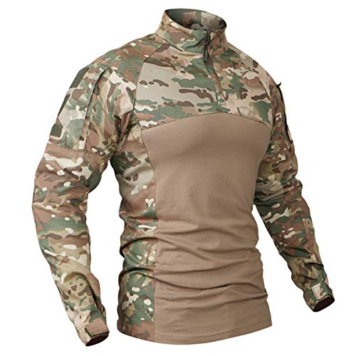 CARWORNIC Taktisches Militär-T-Shirt für Herren, langärmelig, schmale Passform, Camouflage-T-Shirt mit Reißverschluss - Beige - X-Groß von CARWORNIC