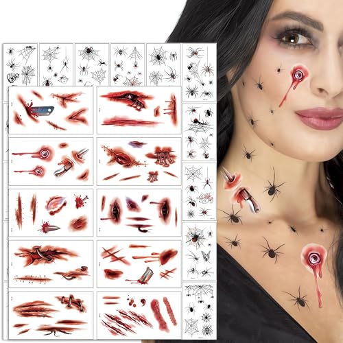 40 Blatt Halloween Tattoo Gesicht, Halloween Kostüm herren gruselig Accessoires, Hexe Vampir Zombie Damen Realistisch Narben Tattoos Wunden Spinnen Skelett Gesichtstattoo, Party Mitgebsel Kinder 40 Blatt Halloween Tattoo Gesicht, Halloween Kostüm herren gruselig Accessoires, Hexe Vampir Zombie Damen Realistisch Narben Tattoos Wunden Spinnen Skelett Gesichtstattoo, Party Mitgebsel Kinder von CARxlythic