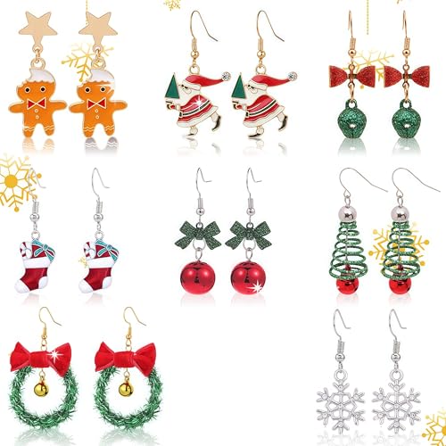 8 Paar Ohrringe Weihnachten Hängend, Weihnachtsohrringe Ohrstecker Set Weihnachtsschmuck Geschenk für Damen Kinder Mädchen, Weihnachts Schneeflocken Weihnachtsmann, Hängend Weihnachtsohrringe von CARxlythic