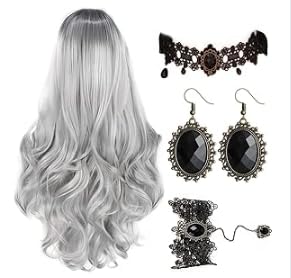 Perücke Halloween Damen,Perücke Frauen Kostüm,75cm Grau Lang Wellte Lockig Haare,Grey Wig Lang Haar Gelockt, Hexenperücke Gotisch Halskette Armbänder Ohrringe,für Halloween Karneval,Mottoparty von CARxlythic