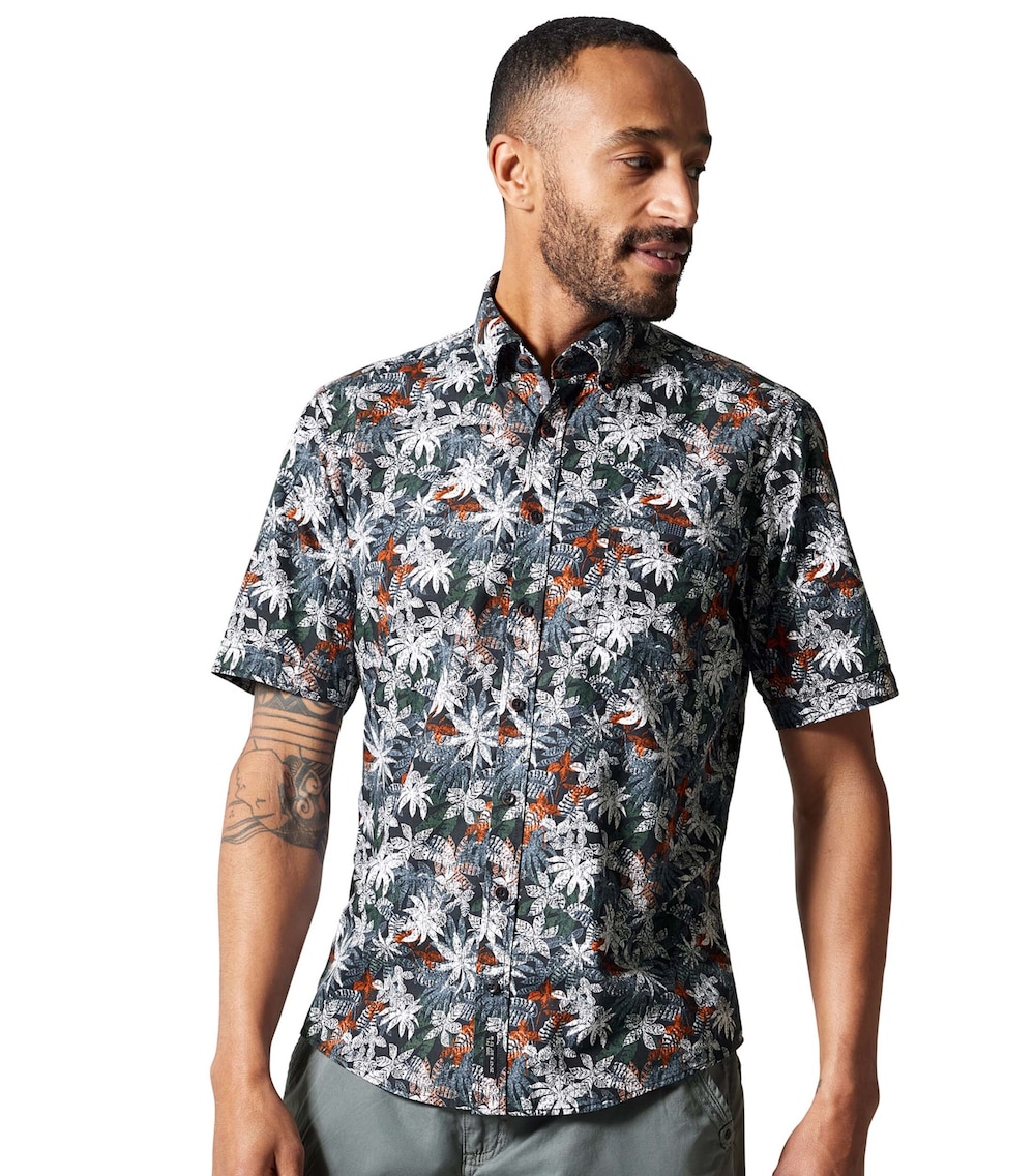 Große Größen Print Freizeithemd Casual Fit Button-Down-Kragen Print Casual Fit, Herren, grau, Größe: L, Baumwolle, Happy Size DE Men von CASAMODA