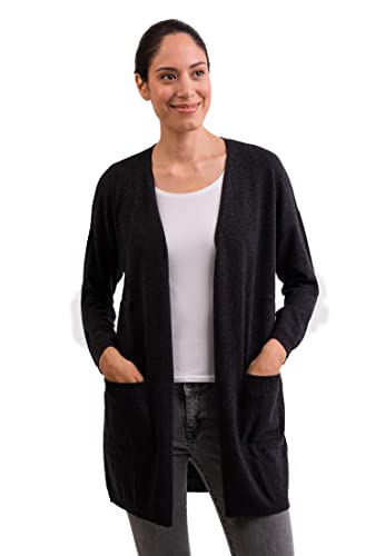 100% Kaschmir Damen Cardigan Langer, gerader Schnitt | Lange Strickjacke 2-fädig (Grau/Dunkelgrau/Dunkles Anthrazit, L) von CASH-MERE.CH
