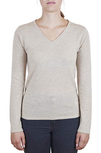 100% Bio Kaschmir Damen Pullover | Sweater V-Ausschnitt 2-fädig (Beige/Weizen, S) von CASH-MERE.CH