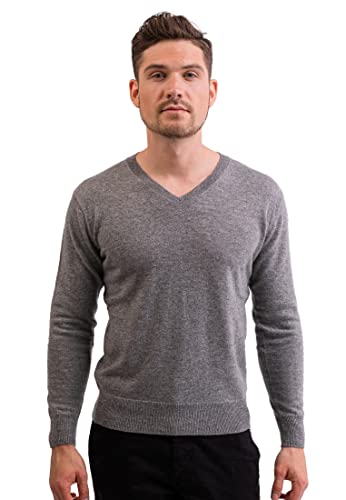 CASH-MERE.CH 100% Bio Kaschmir Herren Pullover | Sweater V-Ausschnitt 2-fädig (Grau/Hartzinn, M) von CASH-MERE.CH