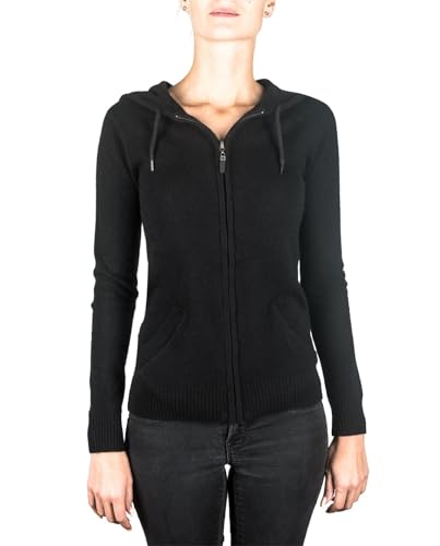 100% Kaschmir Damen Kapuzenpullover | Hoodie mit Reißverschluss (Schwarz, M) von CASH-MERE.CH