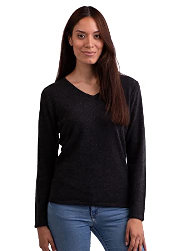 CASH-MERE.CH 100% Kaschmir Damen Pullover | Sweater V-Ausschnitt 2-fädig (Grau/Dunkelgrau/Dunkles Anthrazit, L) von CASH-MERE.CH