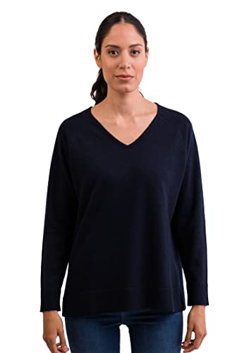 CASH-MERE.CH 100% Kaschmir Damen Pullover mit geradem Schnitt und Seitenschlitz | Sweater V-Ausschnitt 2-fädig (Blau/Marine, S) von CASH-MERE.CH