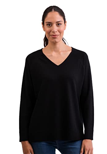 CASH-MERE.CH 100% Kaschmir Damen Pullover mit geradem Schnitt und Seitenschlitz | Sweater V-Ausschnitt 2-fädig (Schwarz, S) von CASH-MERE.CH