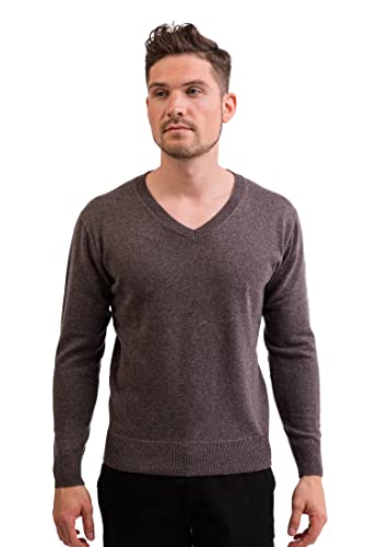 100% Kaschmir Herren Pullover | Sweater V-Ausschnitt 2-fädig (Grau/Taupe Melange, L) von CASH-MERE.CH