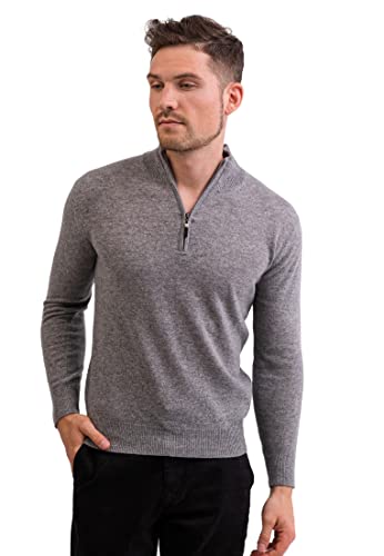 CASH-MERE.CH 100% Kaschmir Herren Stehkragen Pullover | Sweater mit Reißverschluss 2-fädig (Grau, XL) von CASH-MERE.CH