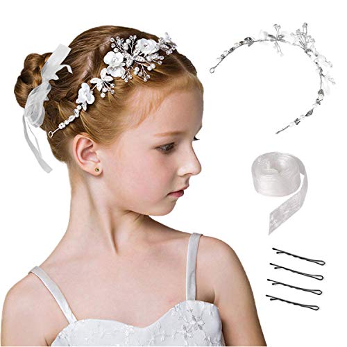 CASKIE Hochzeit Haarschmuck Für Mädchen Und Blumenmädchen, Haar-Accessoires Erstkommunion Prinzessin Weiße Blume Kopfschmuck Perle Haarschmuck Hochzeit Party Für Mädchen von CASKIE