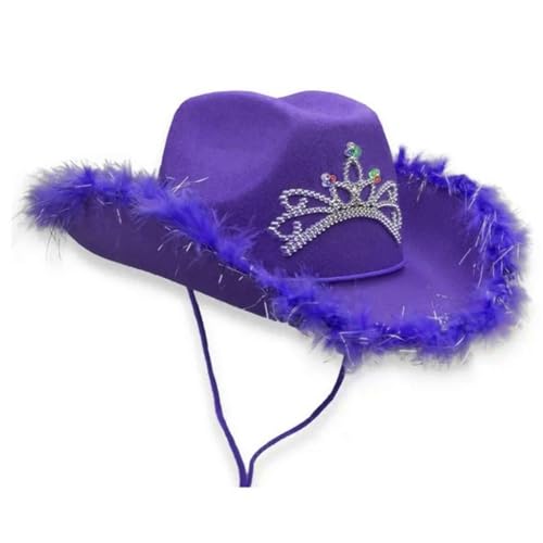 CASNO Cowgirl-Hut für Hochzeit, Party, Braut, breite Krempe, Teenager, Rollenspiel, Cowboyhut, Mode, Musik, Festival, Hut, Strass-Krone, Lila Haar Silber C, 1-2 von CASNO