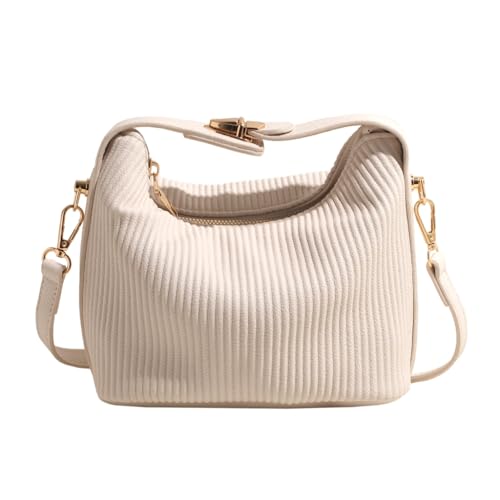 CASNO Damen Umhängetasche, elegant, einfarbig, plissiert, gerippt, PU-Leder, Schultertasche, Tragegriff oben, Reißverschluss, kleine Handtasche für Damen, beige von CASNO