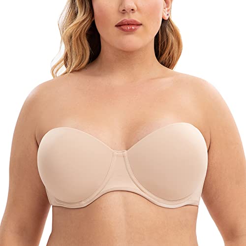 CASOLACE Damen Glättung Übergröße Ungefüttert Bügel Bandeau Trägerloser BH Beige 90C von CASOLACE