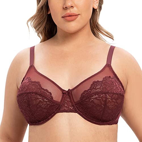 CASOLACE Damen Große Größen Sexy Spitze Ungefüttert Minimierer Bügel-BH Cabernet Rot 95H von CASOLACE