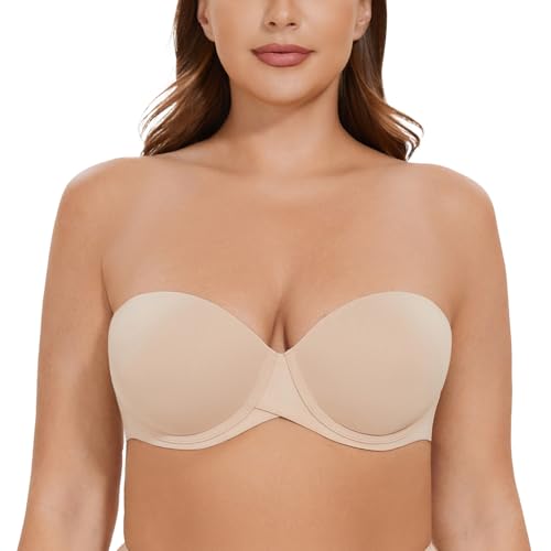 CASOLACE Damen Hochdrücken Gepolsterte Körbchenbügel Unsichtbare trägerlose BHS Beige 70E von CASOLACE