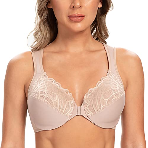 CASOLACE Damen Verschluss Vorne Lace Mit Bügel Große Größen Unwattierter Bügel BH Beige 100C von CASOLACE