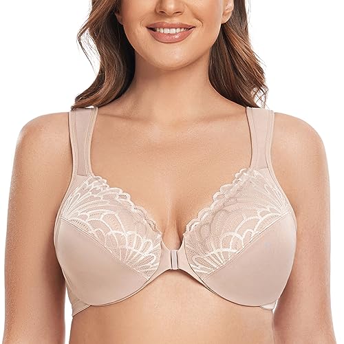 CASOLACE Damen Verschluss Vorne Lace Mit Bügel Große Größen Unwattierter Bügel BH Beige 85B von CASOLACE