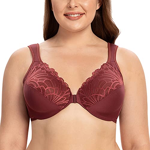 CASOLACE Damen Verschluss Vorne Lace Mit Bügel Große Größen Unwattierter Bügel BH Cabernet Rot 75B von CASOLACE
