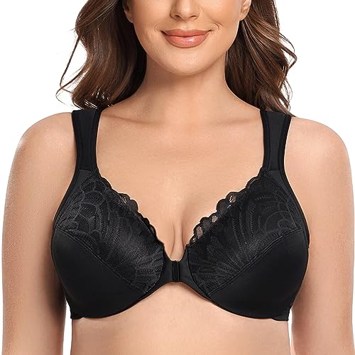CASOLACE Damen Verschluss Vorne Lace Mit Bügel Große Größen Unwattierter Bügel BH Schwarz 105B von CASOLACE