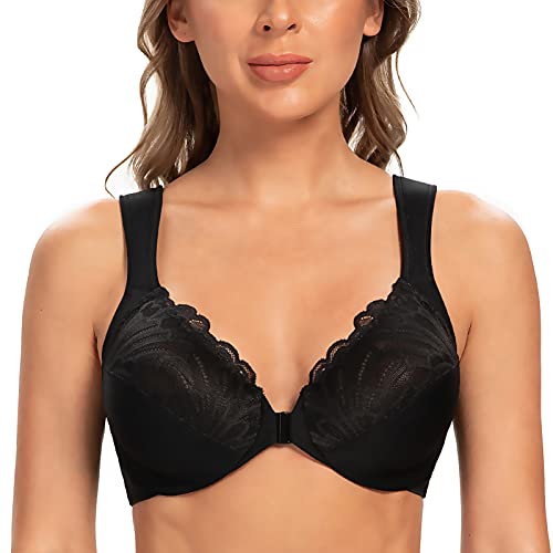 CASOLACE Damen Verschluss Vorne Lace Mit Bügel Große Größen Unwattierter Bügel BH Schwarz 105G von CASOLACE