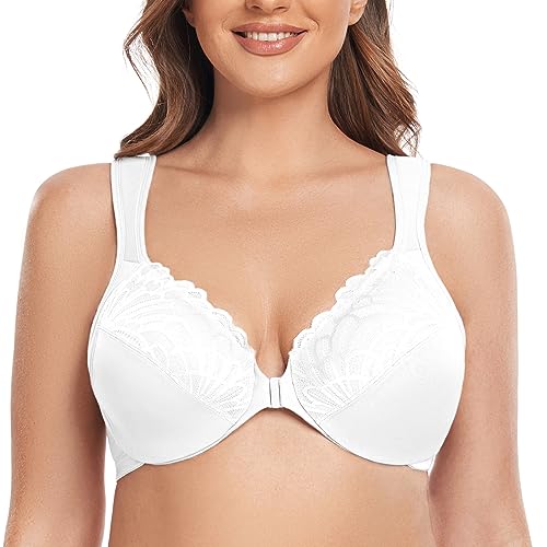 CASOLACE Damen Verschluss Vorne Lace Mit Bügel Große Größen Unwattierter Bügel BH Weiß 110F von CASOLACE