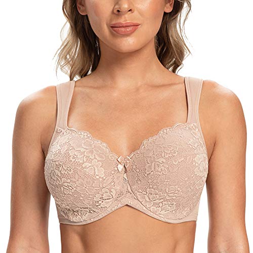 CASOLACE Damen Vollständige Abdeckung Blumenspitze Bügel Keine Polsterung Minimizer BH Beige-schnüren 110C von CASOLACE