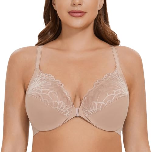 CASOLACE Damen Vorderverschluss Lace Mit Bügel Große Größen Unwattierter Racerback BH Beige 100E von CASOLACE