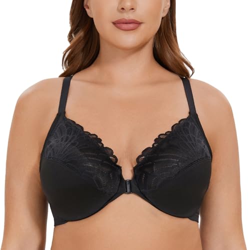 CASOLACE Damen Vorderverschluss Lace Mit Bügel Große Größen Unwattierter Racerback BH Schwarz 100D von CASOLACE