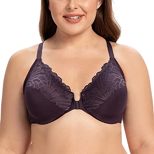 CASOLACE Damen Vorderverschluss Lace Mit Bügel Große Größen Unwattierter Racerback BH Violett 75E von CASOLACE