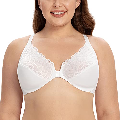 CASOLACE Damen Vorderverschluss Lace Mit Bügel Große Größen Unwattierter Racerback BH Weiß 110C von CASOLACE