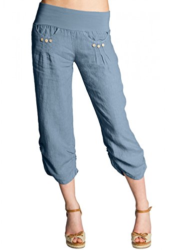 Caspar KHS017 Damen 3/4 Leinen Hose, Farbe:Jeans blau, Größe:M - DE38 UK10 IT42 ES40 US8 von Caspar