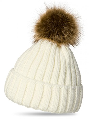 Caspar MU054 Damen Winter Strickmütze mit großem Fellbommel, Farbe:Weiss von Caspar