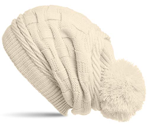 Caspar MU130 Damen Gefütterte Strick Long Beanie mit Zopfmuster und Wollbommel, Farbe:beige, Größe:One Size von Caspar