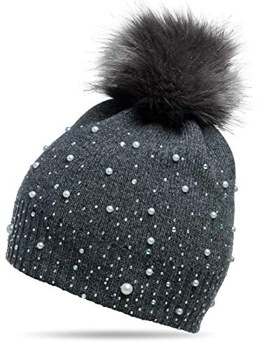 Caspar MU143 Damen Fein Strick Winter Mütze mit Fellbommel, Farbe:dunkelgrau, Größe:One Size von Caspar