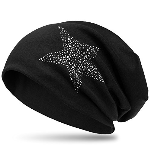 Caspar MU153 Slouch Beanie Mütze Longbeanie mit Strass Stern und warmem Flanell Stoff, Farbe:schwarz, Größe:One Size von Caspar